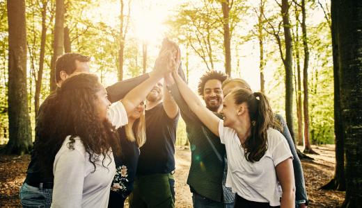 People give a high five in the woods